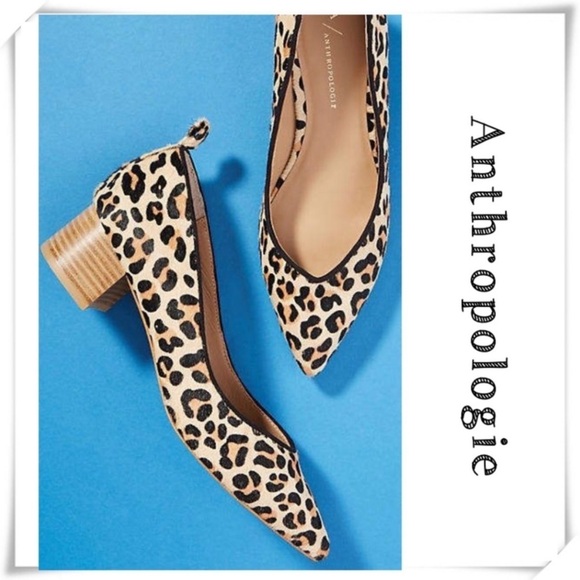 ANTHROPOLOGIE Beatriz Leopard Calfskin Pointed toe Block Heel Pumps in Beige - Picture 1 of 11